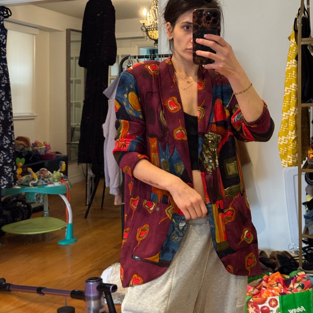 Vintage Abstract Art Blazer Oversized Lightweight 90s Artsy Statement Jacket